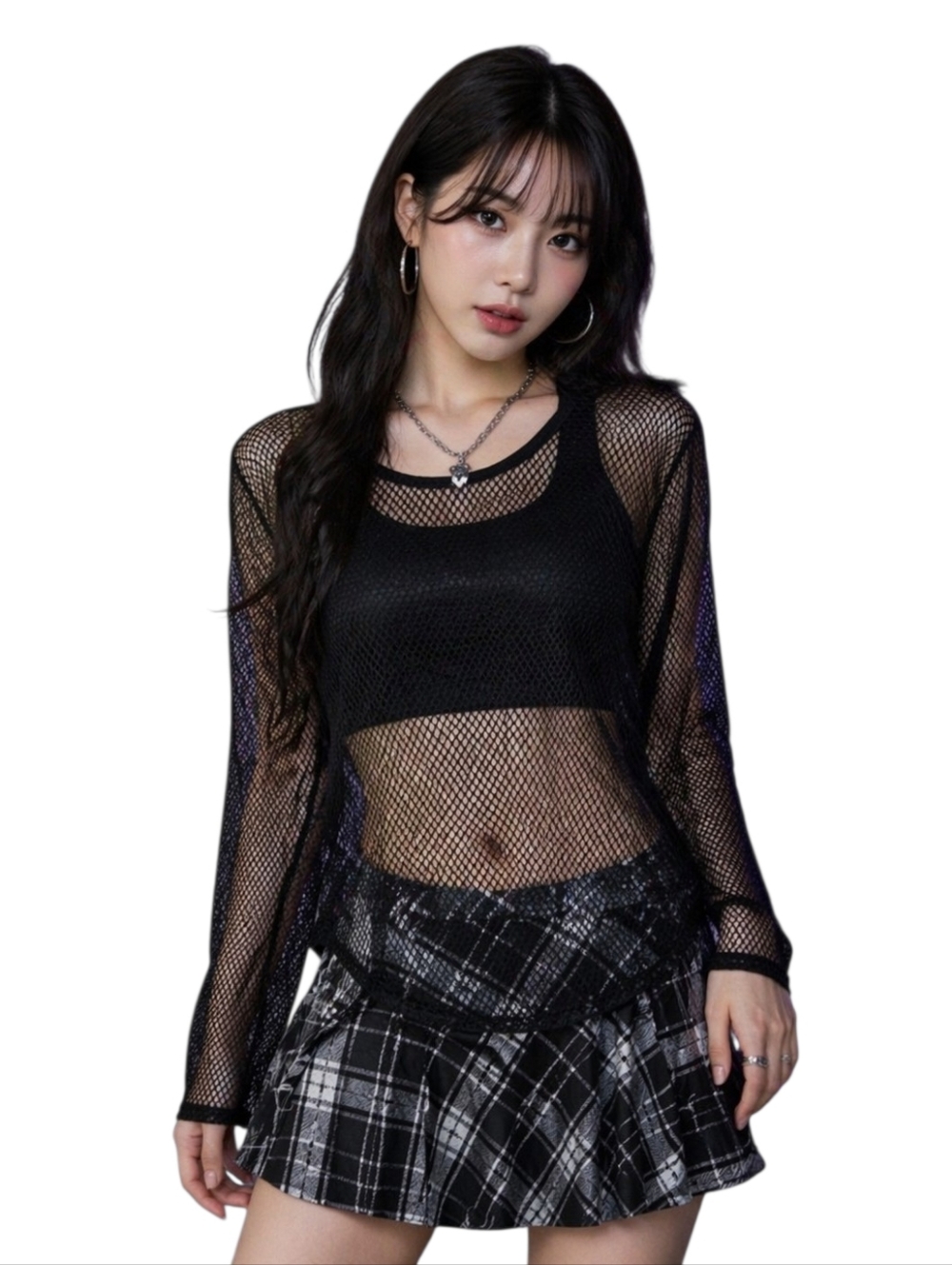 EZRA Size Medium Black Sheer Fishnet Mesh Overlay Top Cropped Racerback Tank